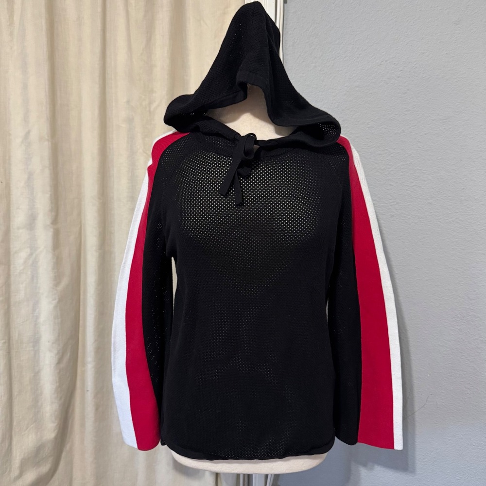 INC International Concepts Women Black Mesh Knit Hooded Sweater Top Size M